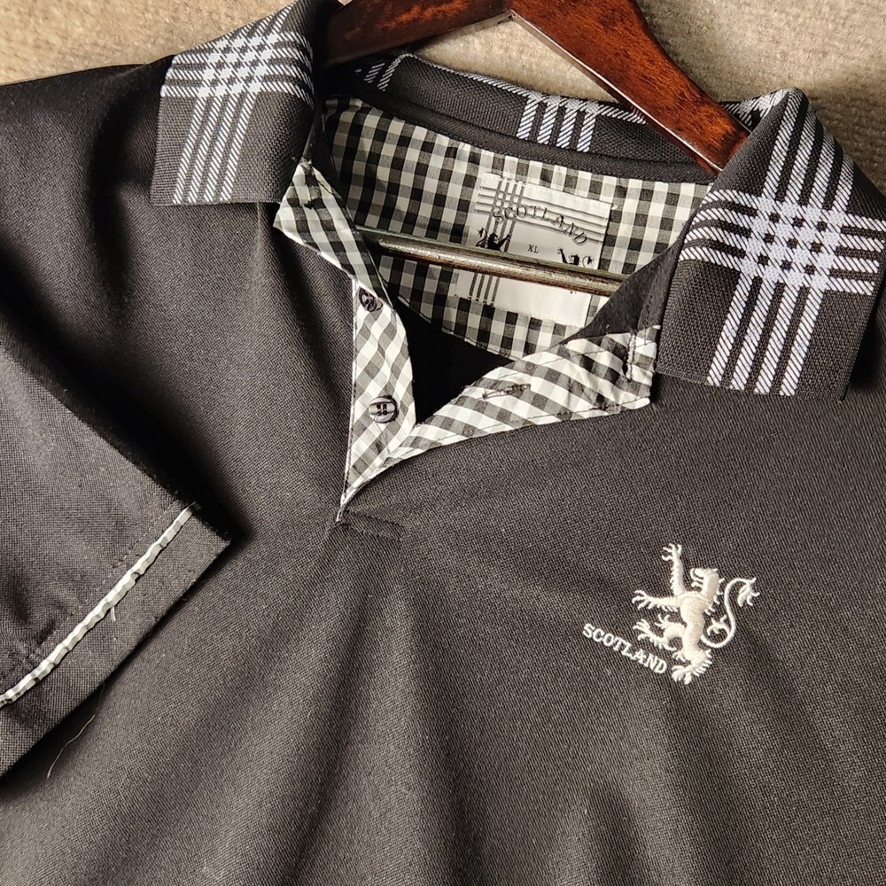 Scotland Polo Shirt Mens XL Black White Plaid Collar Lion Rampant Embroidered